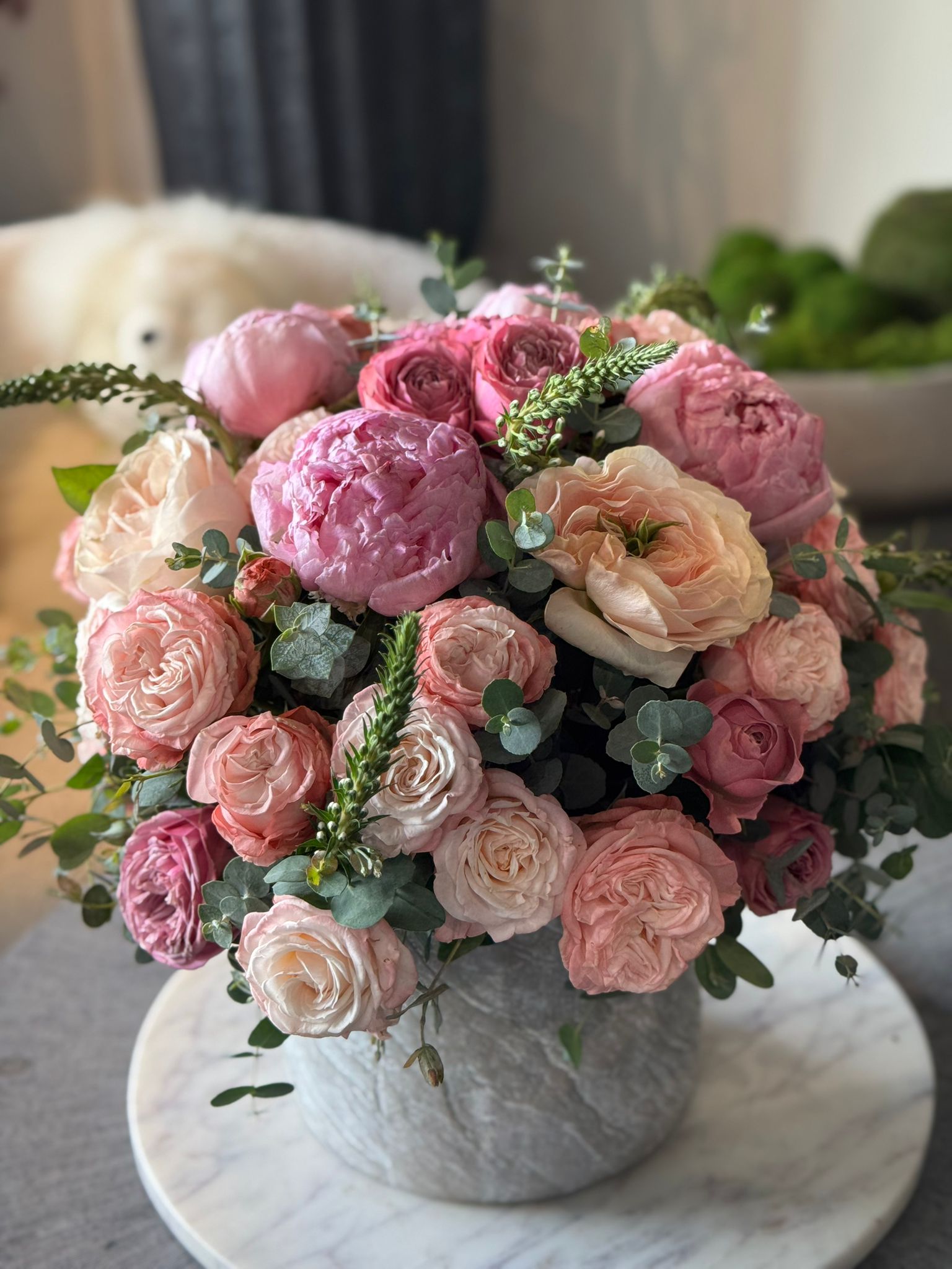 Pink Peonies, Pink Garden Roses, Pink Spray Roses, and Eucalyptus Spiral Floral Arrangement - The Charlotte