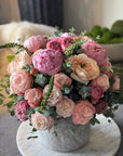 Pink Peonies, Pink Garden Roses, Pink Spray Roses, and Eucalyptus Spiral Floral Arrangement - The Charlotte