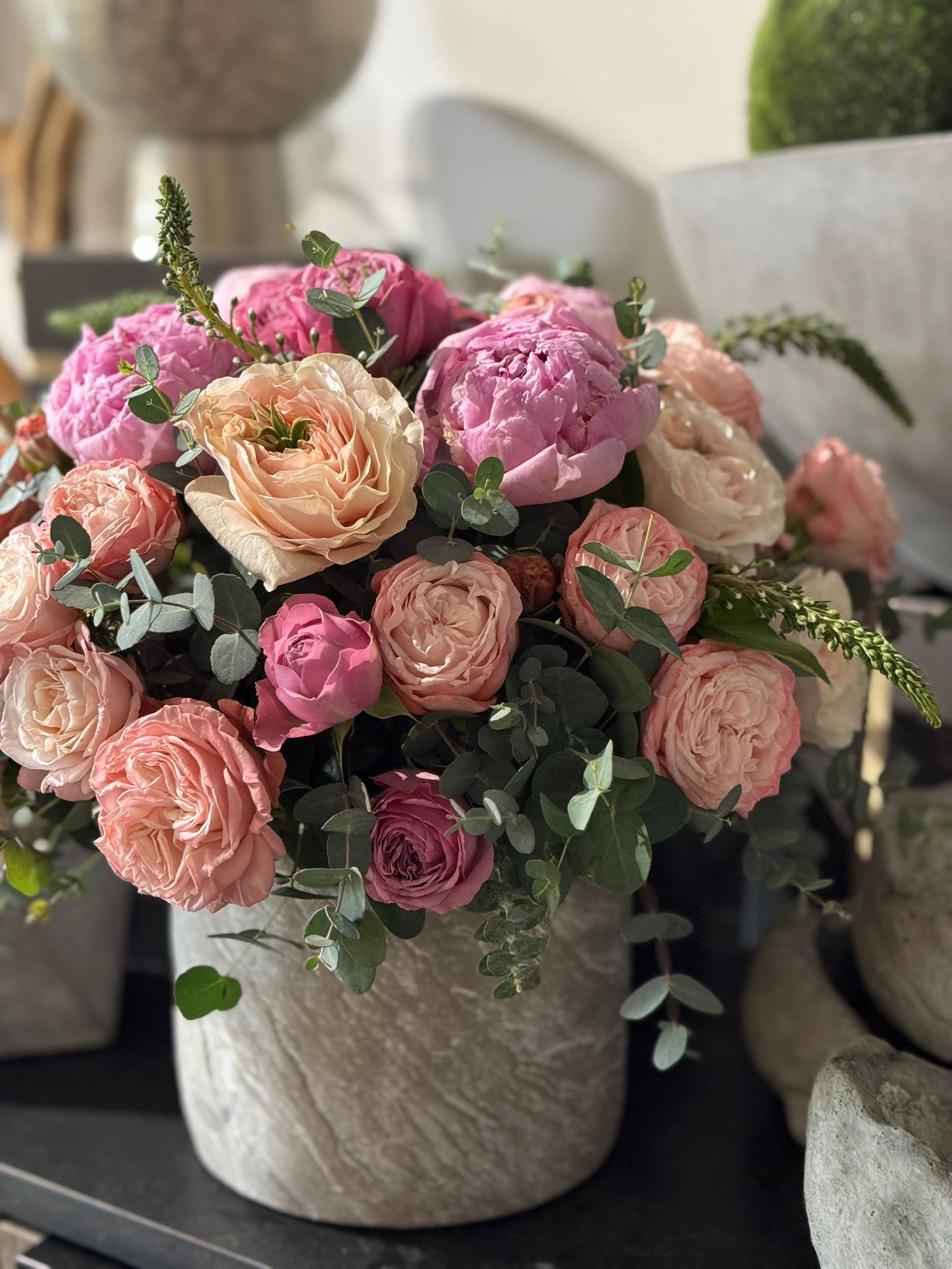 Pink Peonies, Pink Garden Roses, Pink Spray Roses, and Eucalyptus Spiral Floral Arrangement - The Charlotte