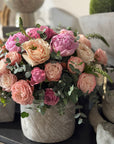 Pink Peonies, Pink Garden Roses, Pink Spray Roses, and Eucalyptus Spiral Floral Arrangement - The Charlotte