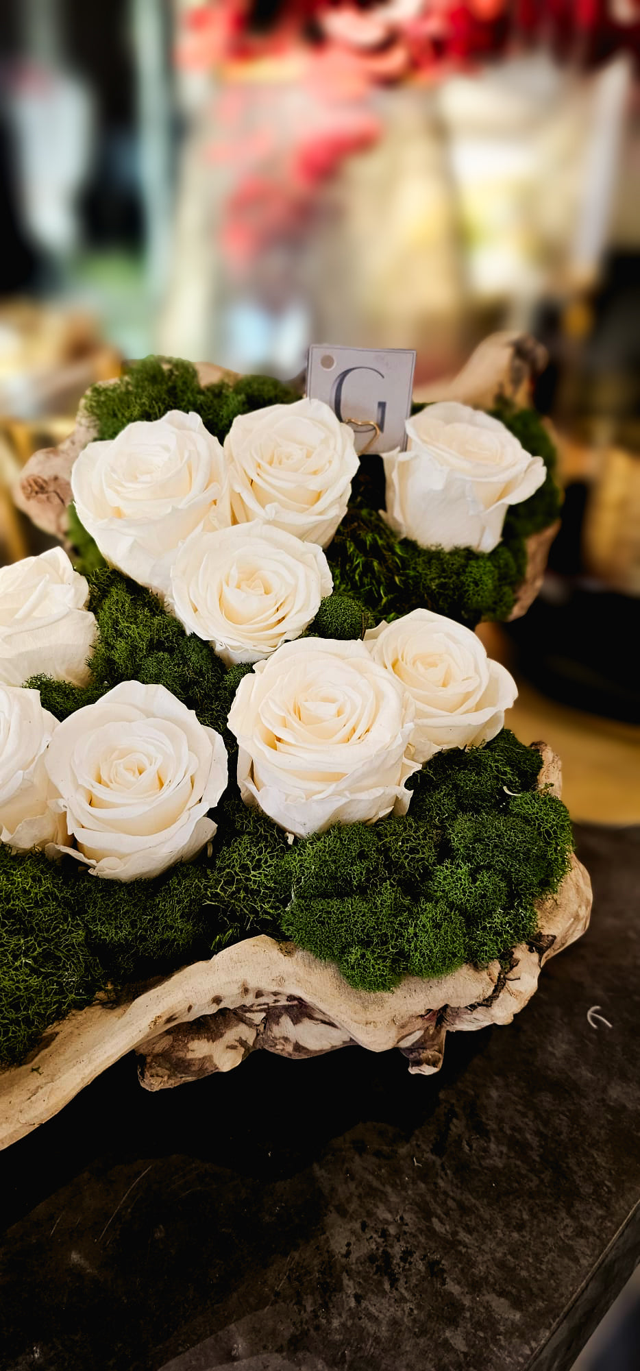 Moss Arrangement in Wood Container With Preserved White Roses (Classic Size) 