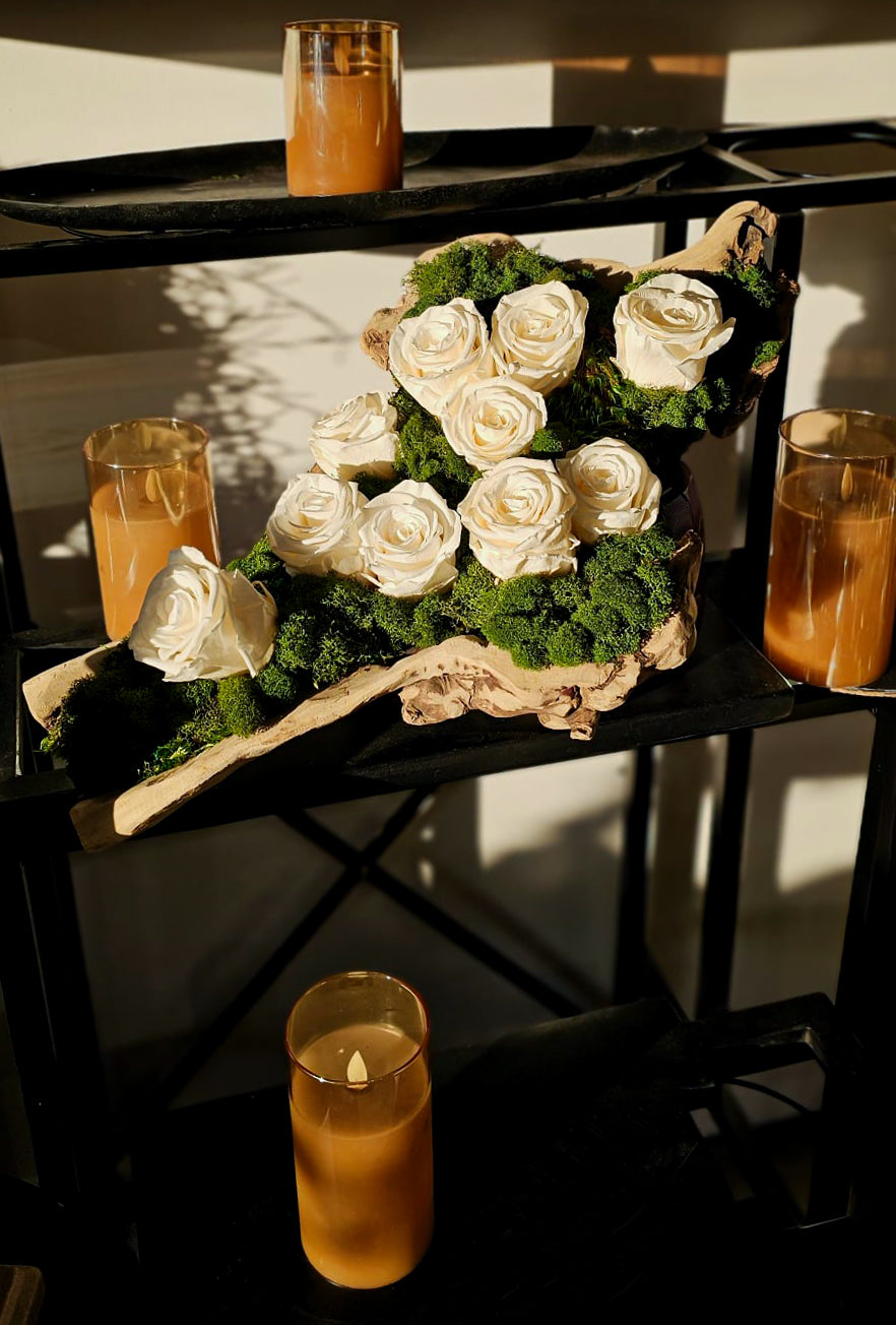 Moss Arrangement in Wood Container With Preserved White Roses (Classic Size) 