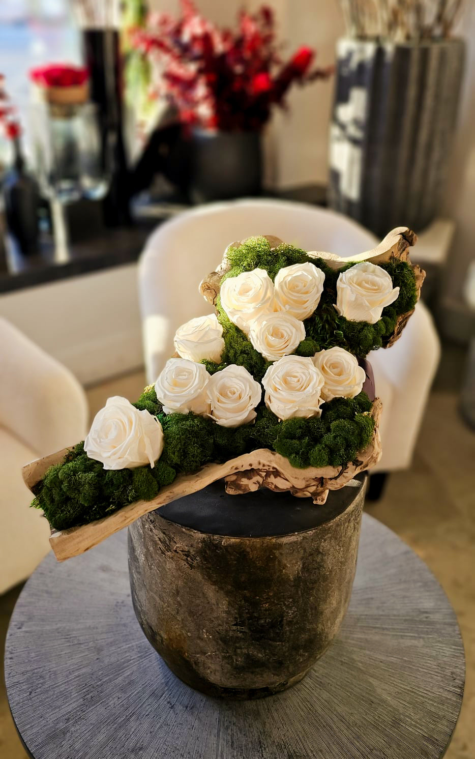 Moss Arrangement in Wood Container With Preserved White Roses (Classic Size) 