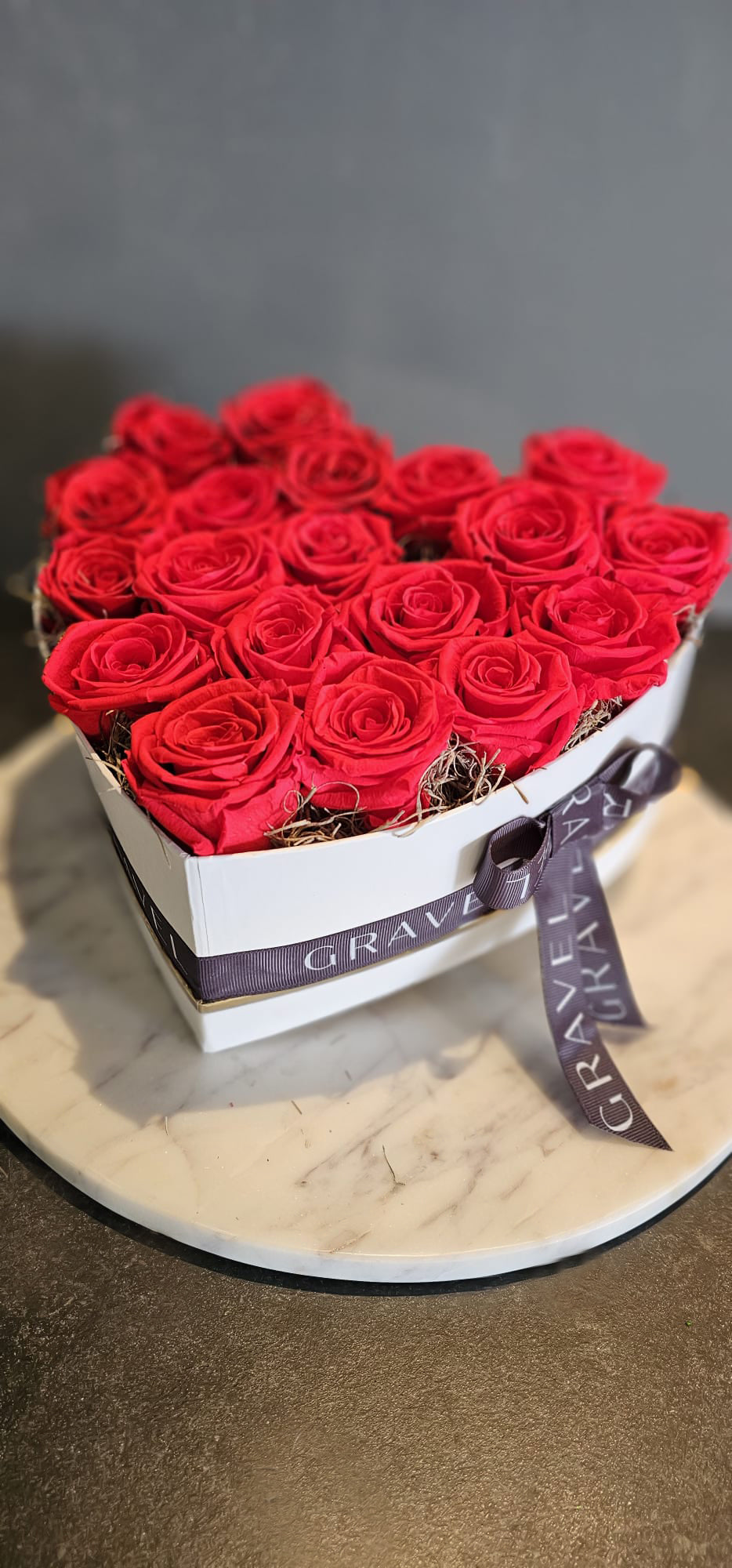 20 Preserved Red Roses In Heart Shaped Box - front