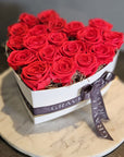 20 Preserved Red Roses In Heart Shaped Box - front