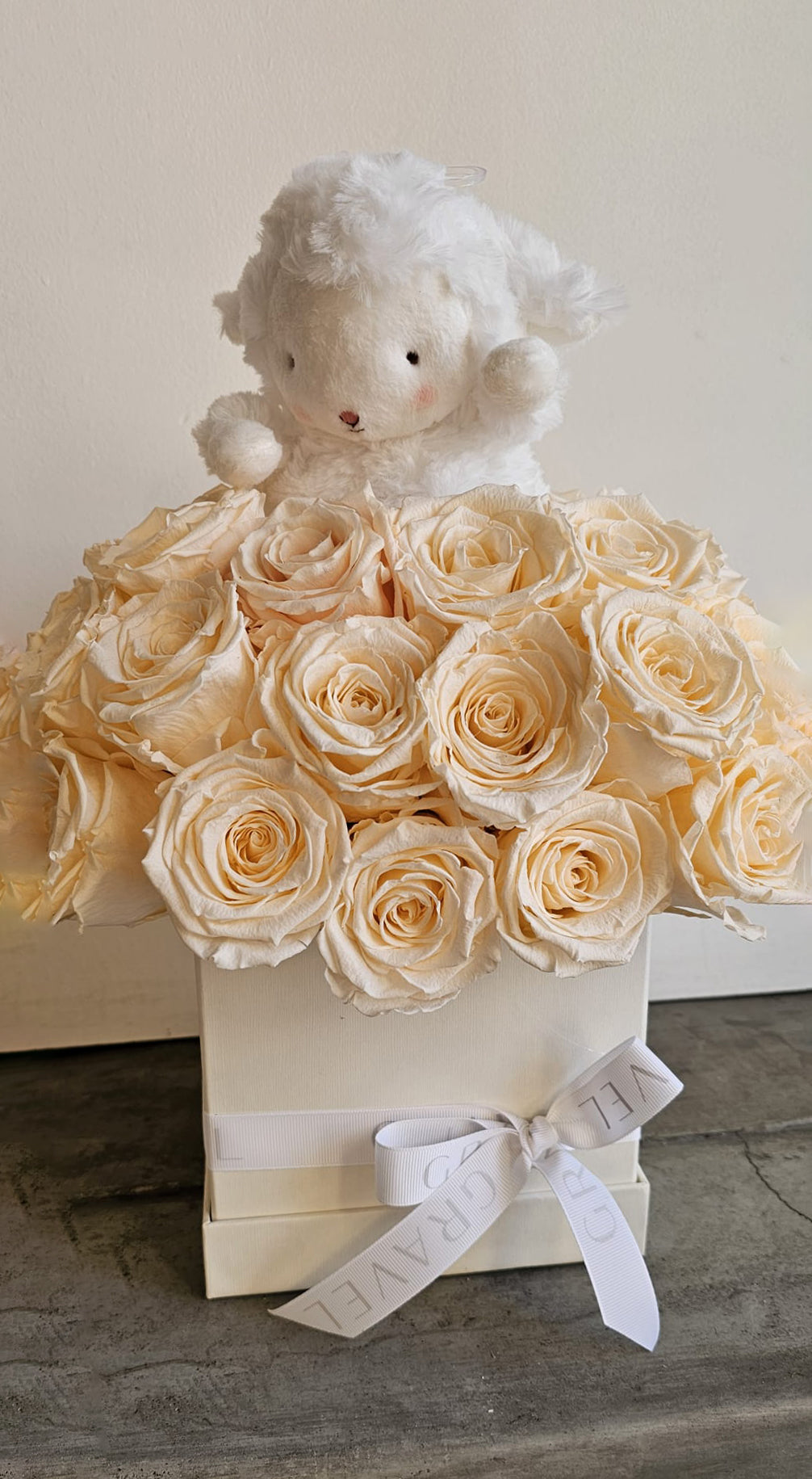 Preserved Roses and Toy Baby Gift Basket