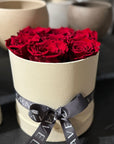 9 Preserved Roses (Red, White, Peach) in Box (Black, White, Deep Pink) - Nationwide Shipping