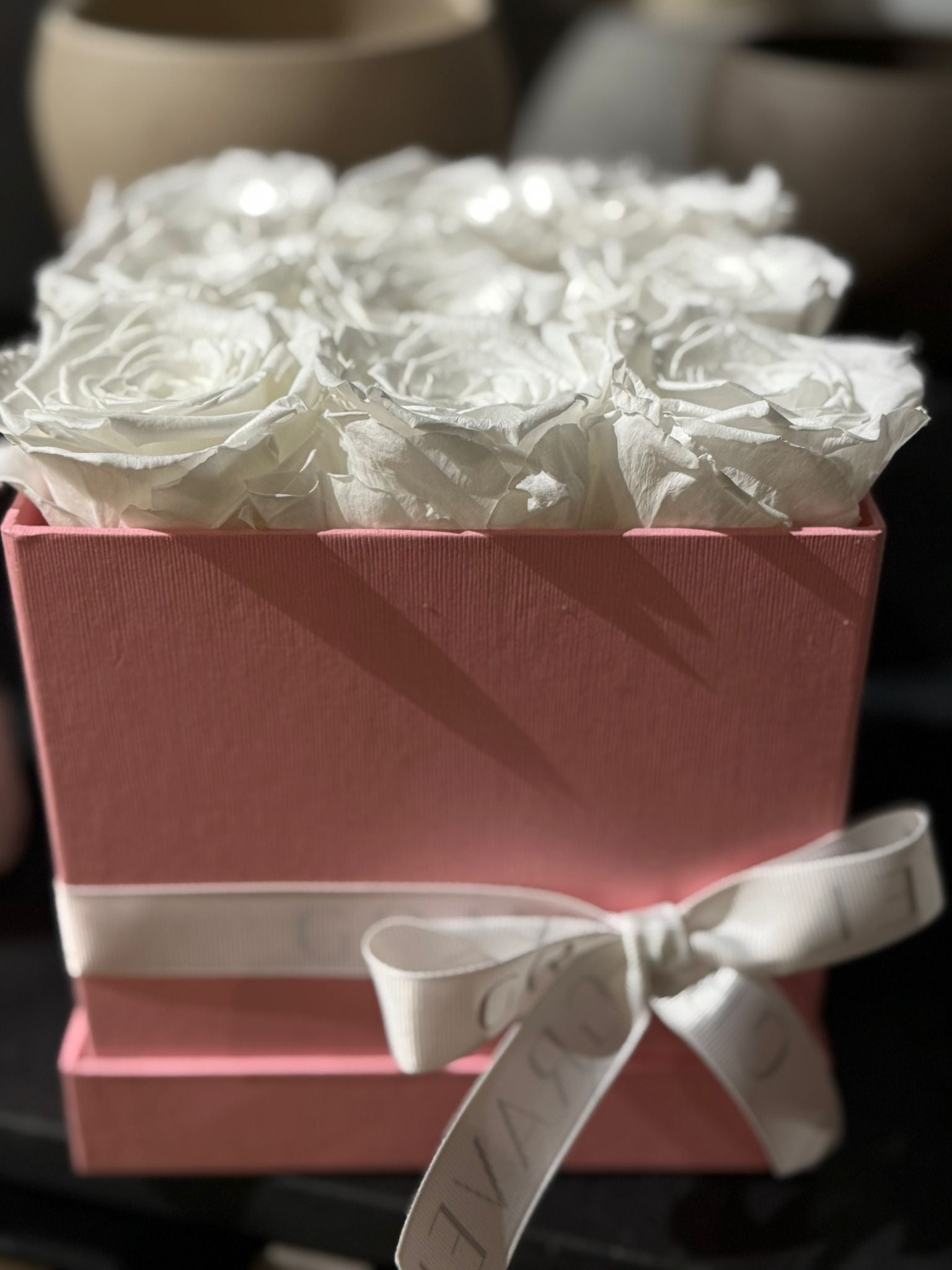 9 Preserved Roses (Red, White, Peach) in Box (Black, White, Deep Pink) - Nationwide Shipping