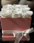 9 Preserved Roses (Red, White, Peach) in Box (Black, White, Deep Pink) - Nationwide Shipping