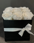 9 Preserved Roses (Red, White, Peach) in Box (Black, White, Deep Pink) - Nationwide Shipping