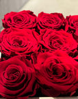 9 Preserved Roses (Red, White, Peach) in Box (Black, White, Deep Pink) - Nationwide Shipping