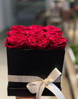 9 Preserved Roses (Red, White, Peach) in Box (Black, White, Deep Pink) - Nationwide Shipping