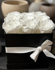 9 Preserved Roses (Red, White, Peach) in Box (Black, White, Deep Pink) - Nationwide Shipping