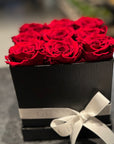 9 Preserved Roses (Red, White, Peach) in Box (Black, White, Deep Pink) - Nationwide Shipping