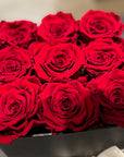 9 Preserved Roses (Red, White, Peach) in Box (Black, White, Deep Pink) - Nationwide Shipping