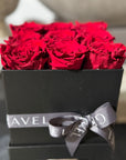 9 Preserved Roses (Red, White, Peach) in Box (Black, White, Deep Pink) - Nationwide Shipping