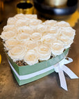 25 White Preserved Roses In Heart Shaped Box