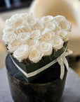 25 White Preserved Roses In Heart Shaped Box