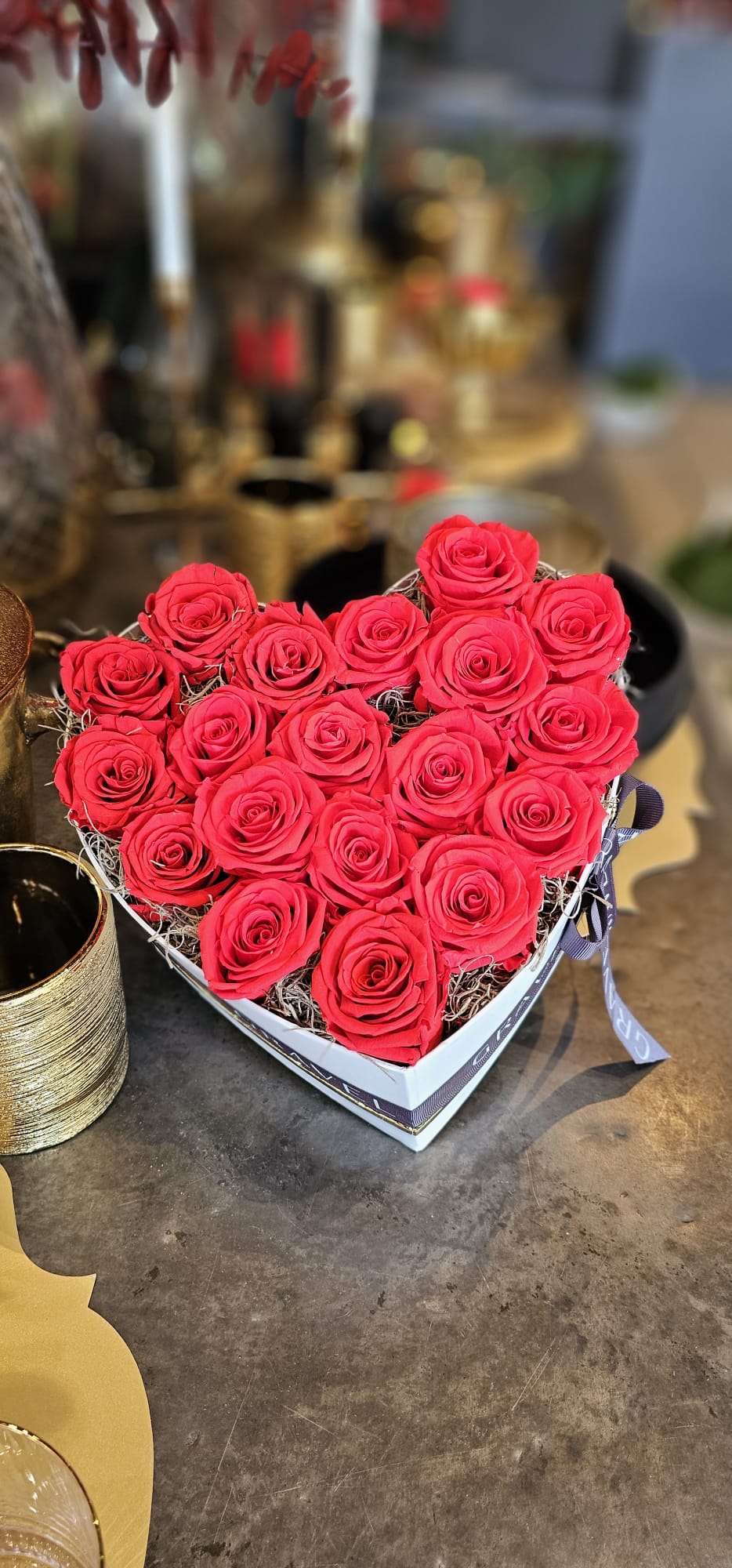 20 Preserved Red Roses In Heart Shaped Box - Front