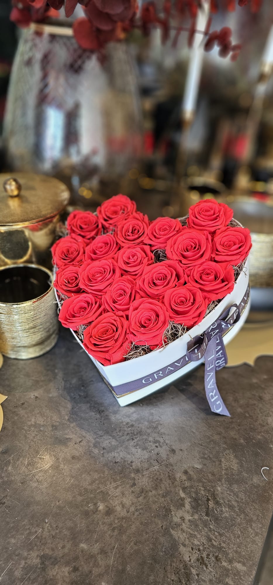 20 Preserved Red Roses In Heart Shaped Box - Side