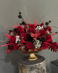 Deep Red Preserved Roses, Preserved Red Eucalyptus and Silver Brunia in Gold Vase Floral Arrangement