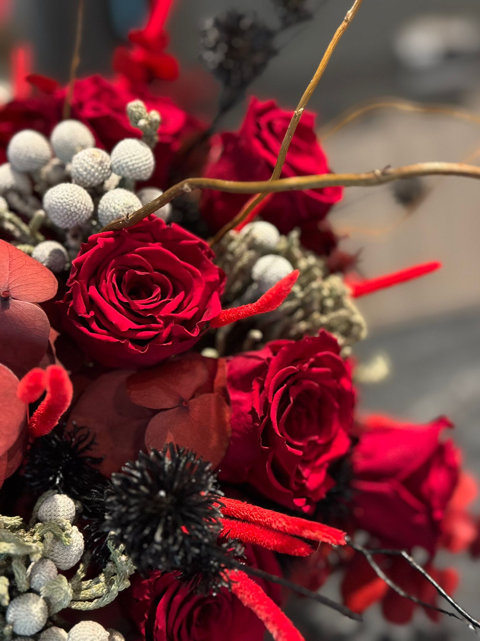 Deep Red Preserved Roses, Preserved Red Eucalyptus and Silver Brunia in Gold Vase Floral Arrangement