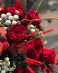 Deep Red Preserved Roses, Preserved Red Eucalyptus and Silver Brunia in Gold Vase Floral Arrangement