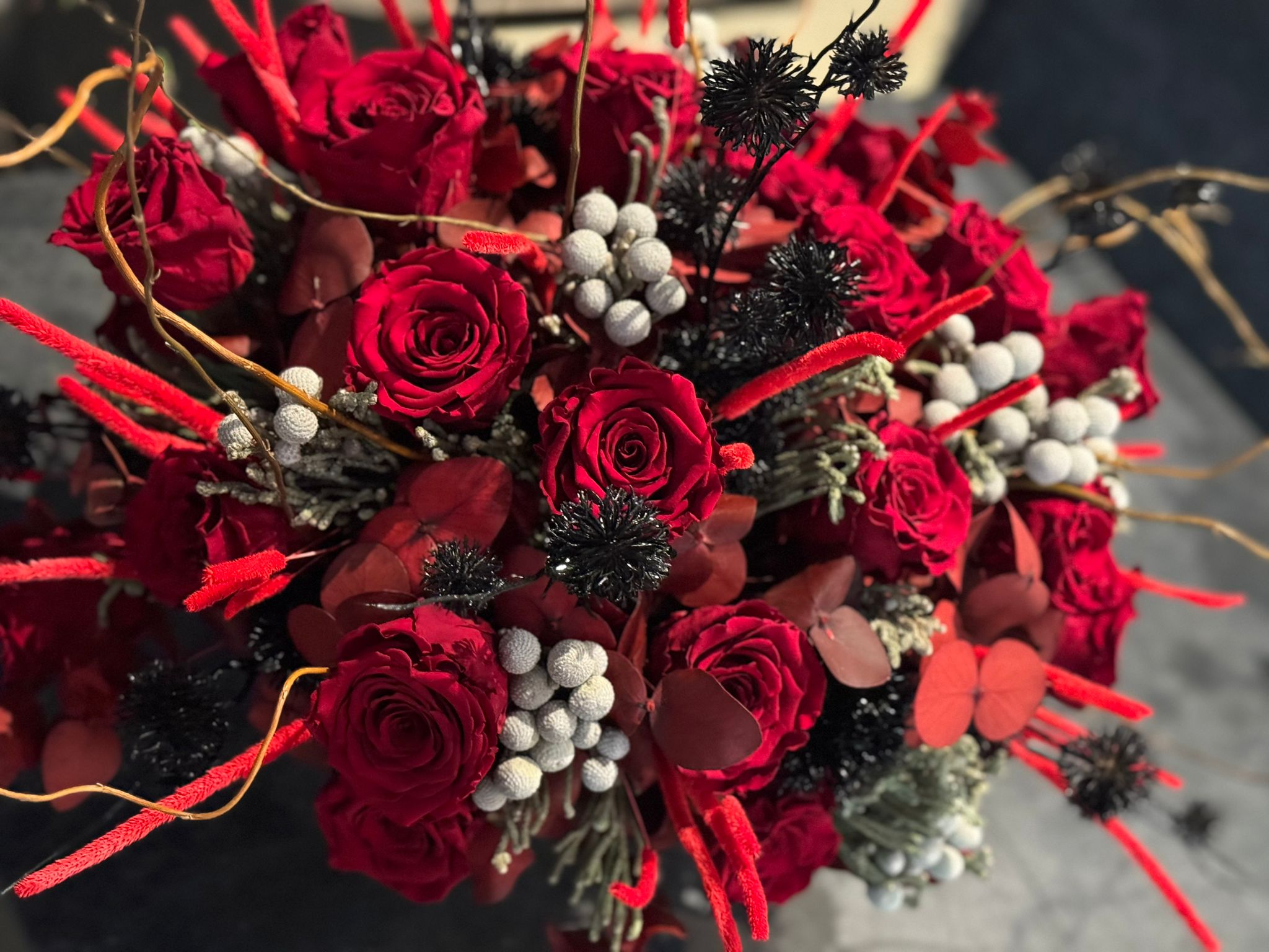 Deep Red Preserved Roses, Preserved Red Eucalyptus and Silver Brunia in Gold Vase Floral Arrangement