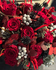 Deep Red Preserved Roses, Preserved Red Eucalyptus and Silver Brunia in Gold Vase Floral Arrangement