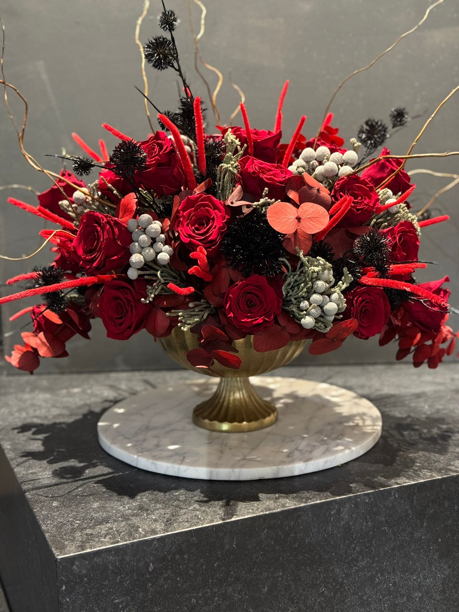 Deep Red Preserved Roses, Preserved Red Eucalyptus and Silver Brunia in Gold Vase Floral Arrangement