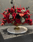 Deep Red Preserved Roses, Preserved Red Eucalyptus and Silver Brunia in Gold Vase Floral Arrangement