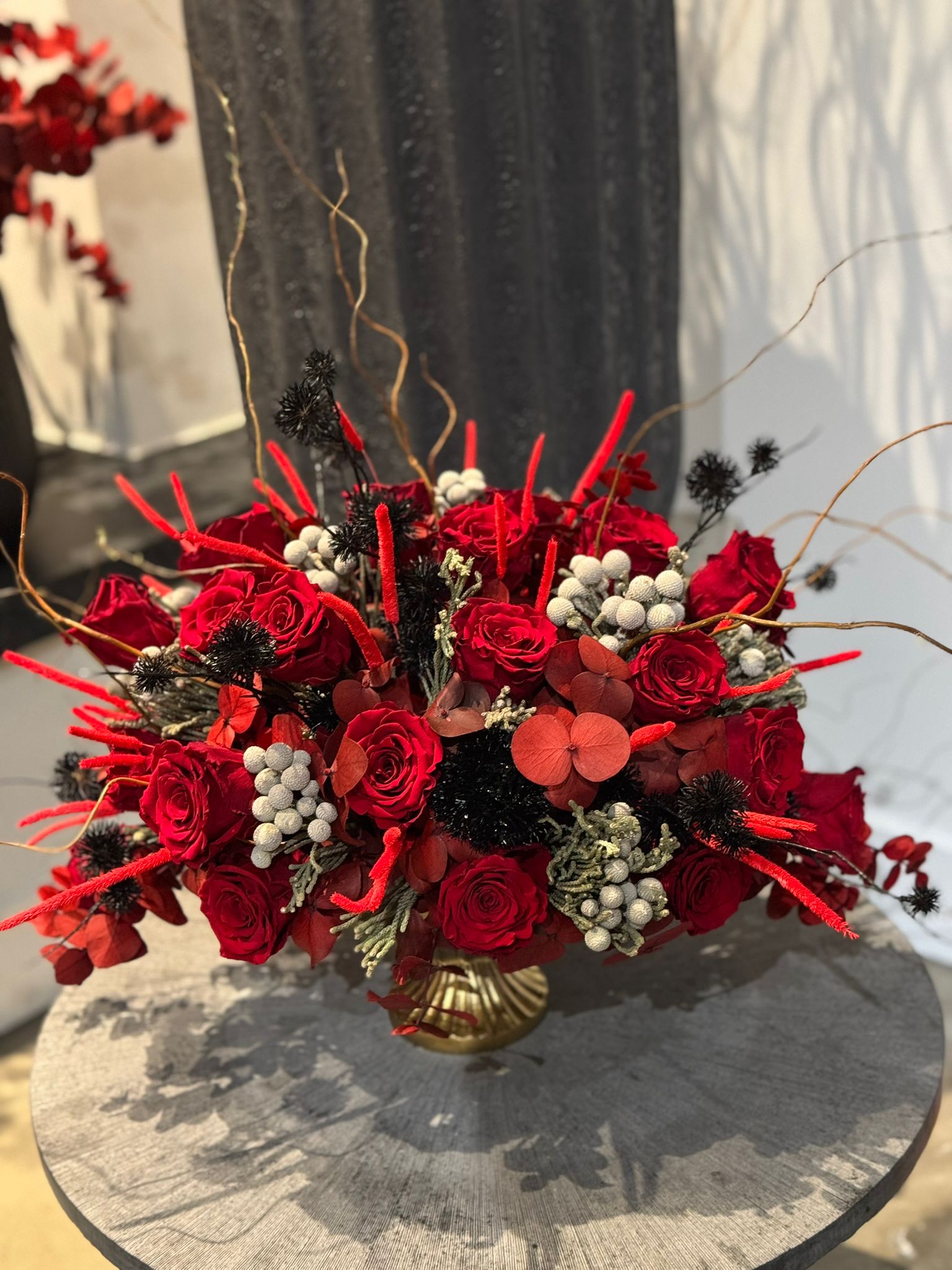 Deep Red Preserved Roses, Preserved Red Eucalyptus and Silver Brunia in Gold Vase Floral Arrangement