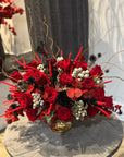 Deep Red Preserved Roses, Preserved Red Eucalyptus and Silver Brunia in Gold Vase Floral Arrangement