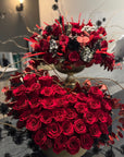 Deep Red Preserved Roses, Preserved Red Eucalyptus and Silver Brunia in Gold Vase Floral Arrangement