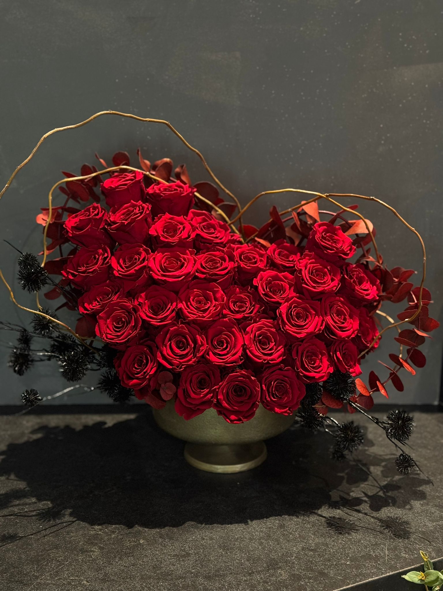 Deep Red Preserved Roses, Preserved Red Eucalyptus in Gold Vase Floral Arrangement