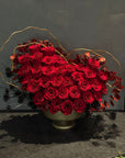 Deep Red Preserved Roses, Preserved Red Eucalyptus in Gold Vase Floral Arrangement