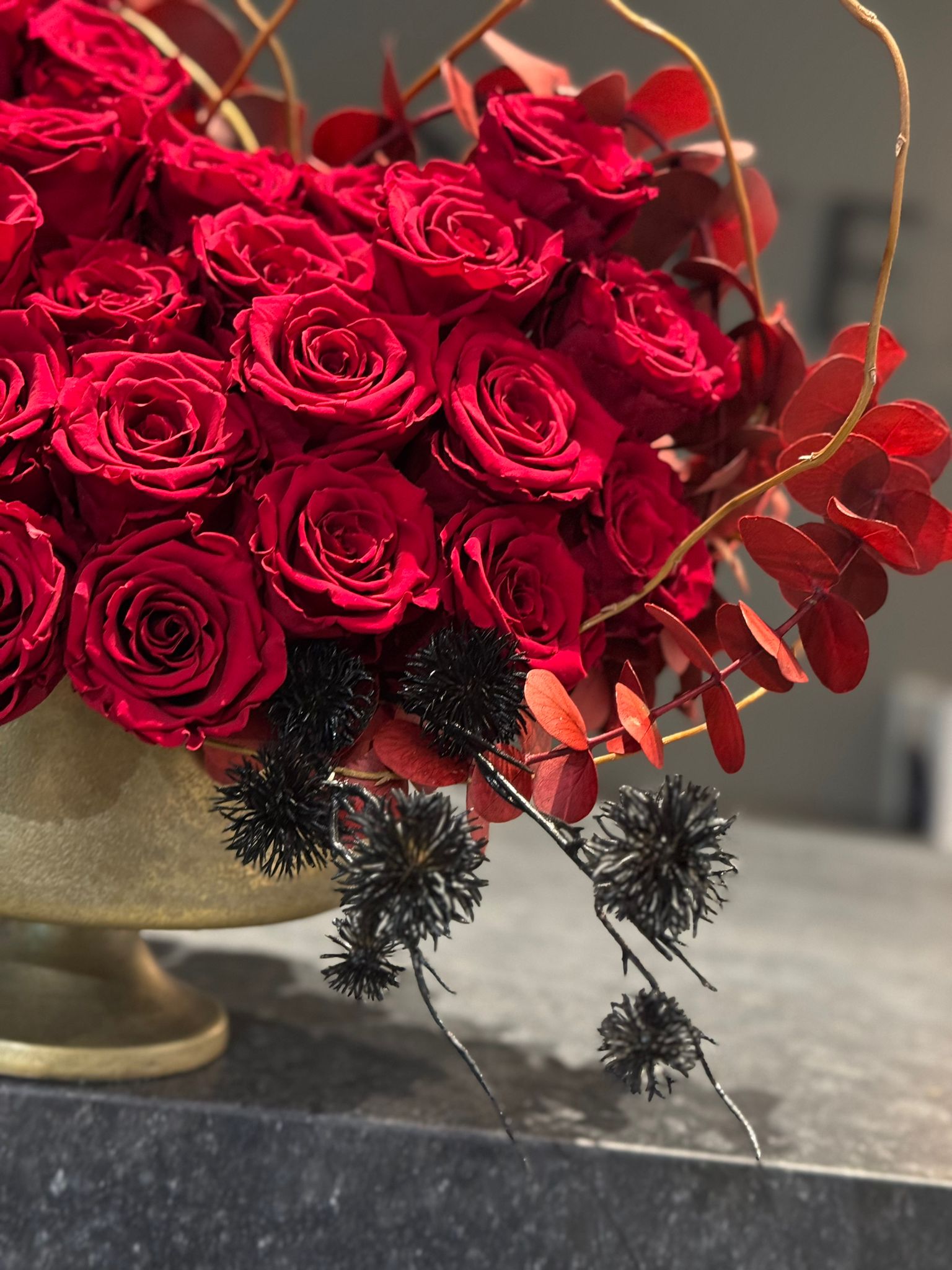 Deep Red Preserved Roses, Preserved Red Eucalyptus in Gold Vase Floral Arrangement