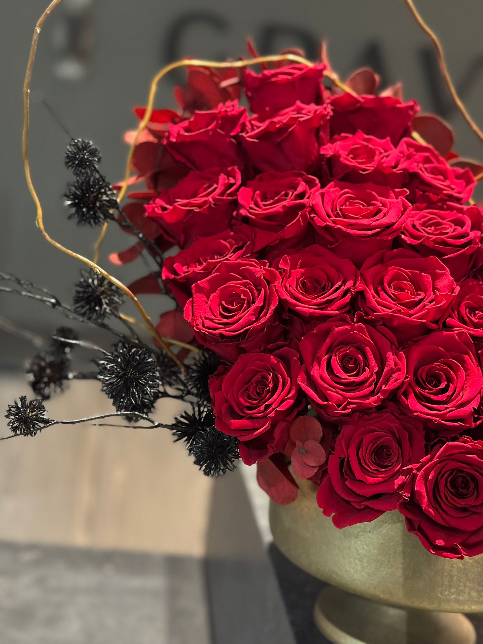 Deep Red Preserved Roses, Preserved Red Eucalyptus in Gold Vase Floral Arrangement