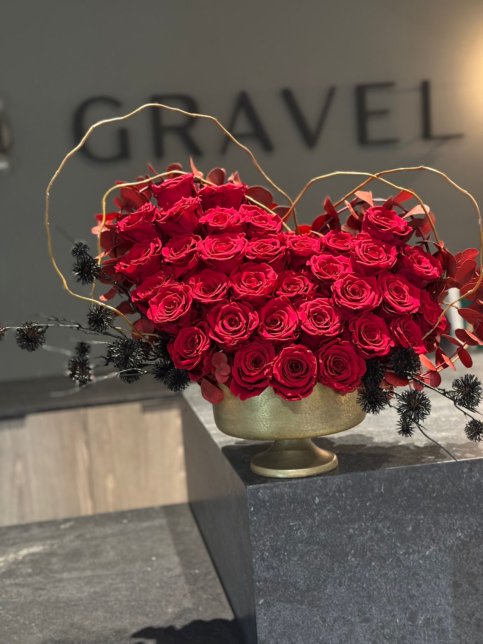 Deep Red Preserved Roses, Preserved Red Eucalyptus in Gold Vase Floral Arrangement