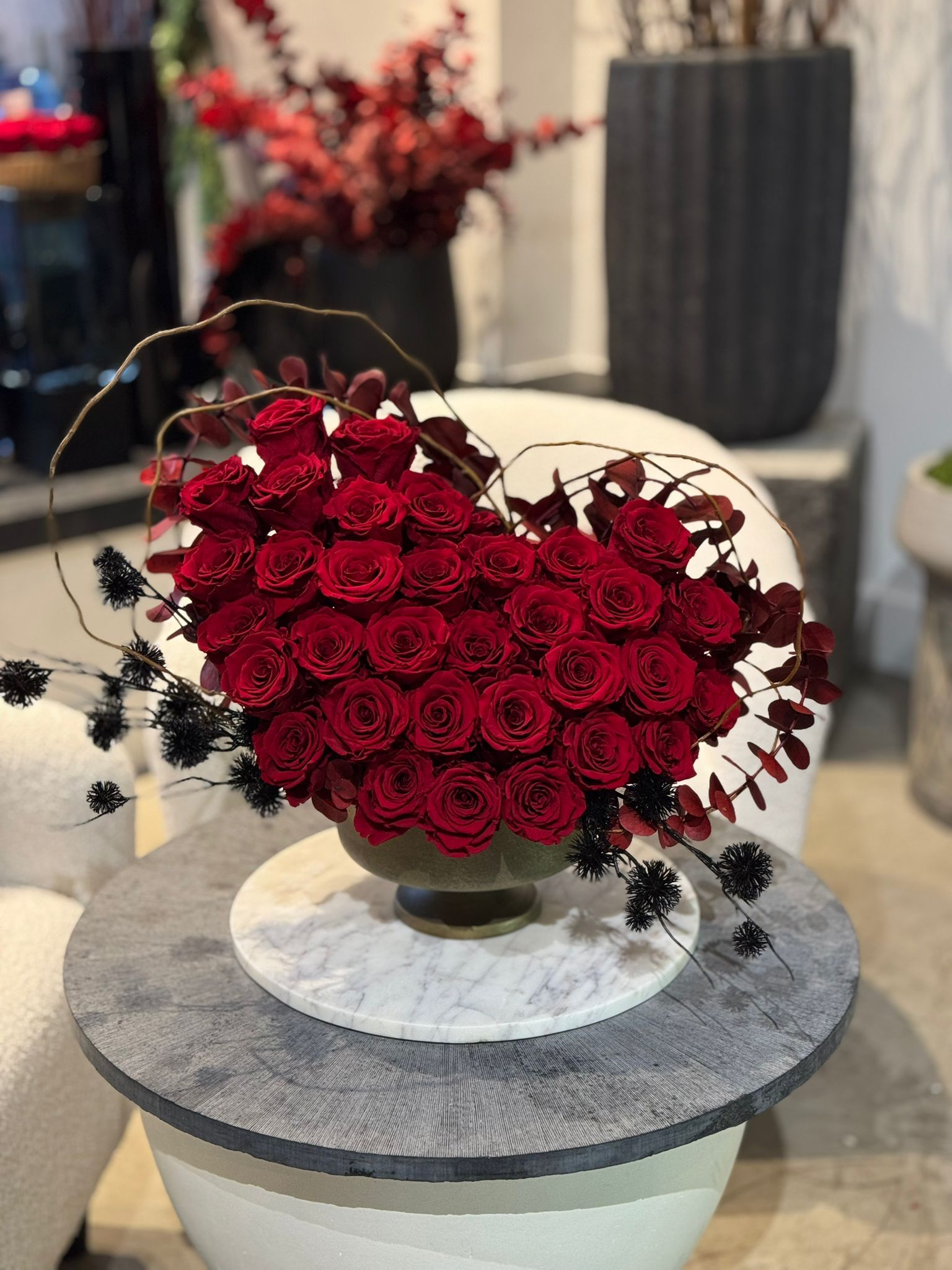 Deep Red Preserved Roses, Preserved Red Eucalyptus in Gold Vase Floral Arrangement