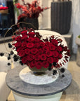 Deep Red Preserved Roses, Preserved Red Eucalyptus in Gold Vase Floral Arrangement