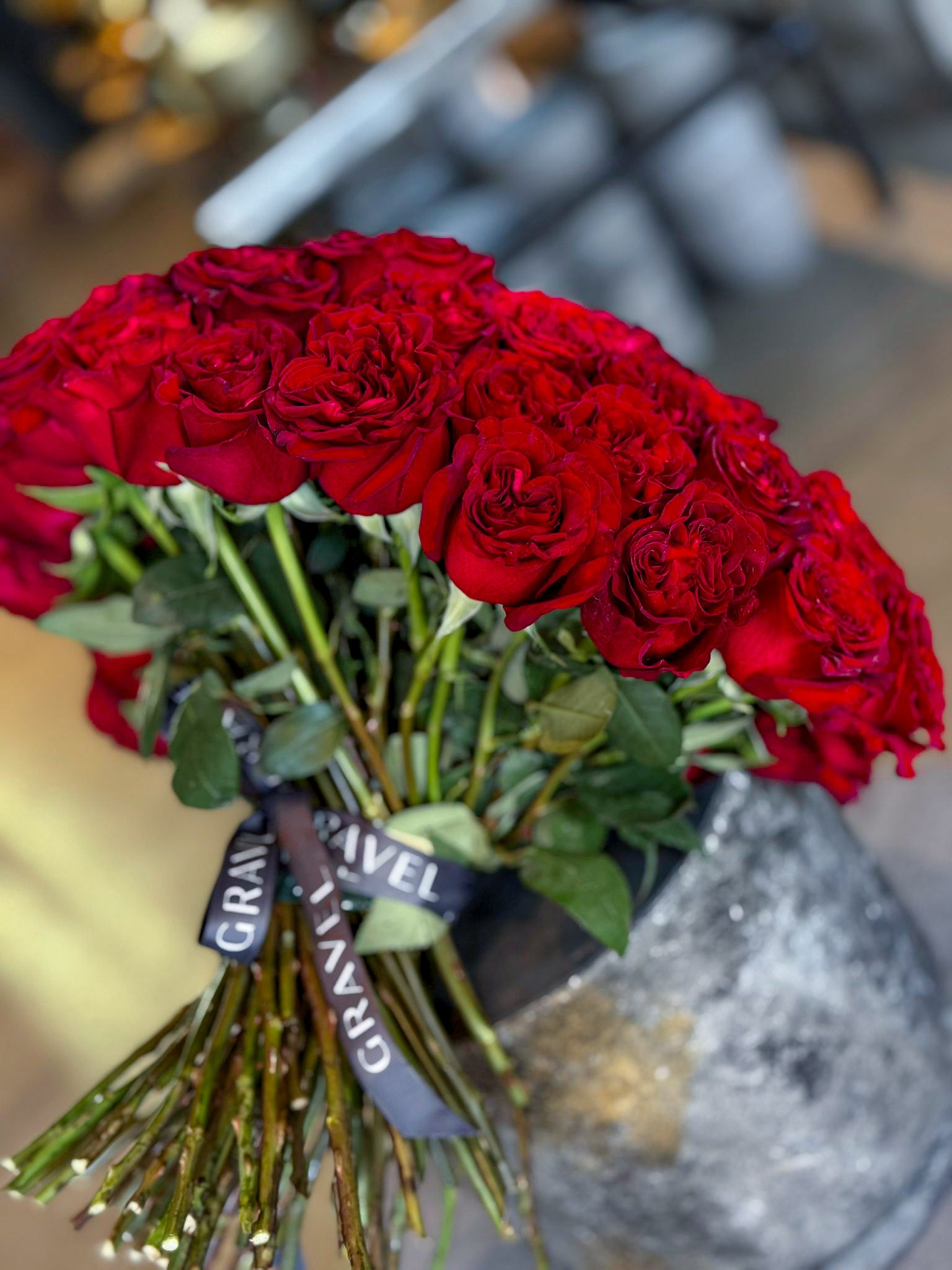 Red Roses Valentine's Day Bouquet - 75 Red Hearts Roses Hand Bouquet Side View