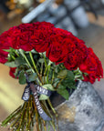 Red Roses Valentine's Day Bouquet - 75 Red Hearts Roses Hand Bouquet Side View